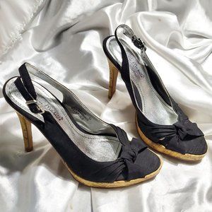 $$$ ANNE MICHELLE black canvas sling back open toe cork platform heels SZ 5.5